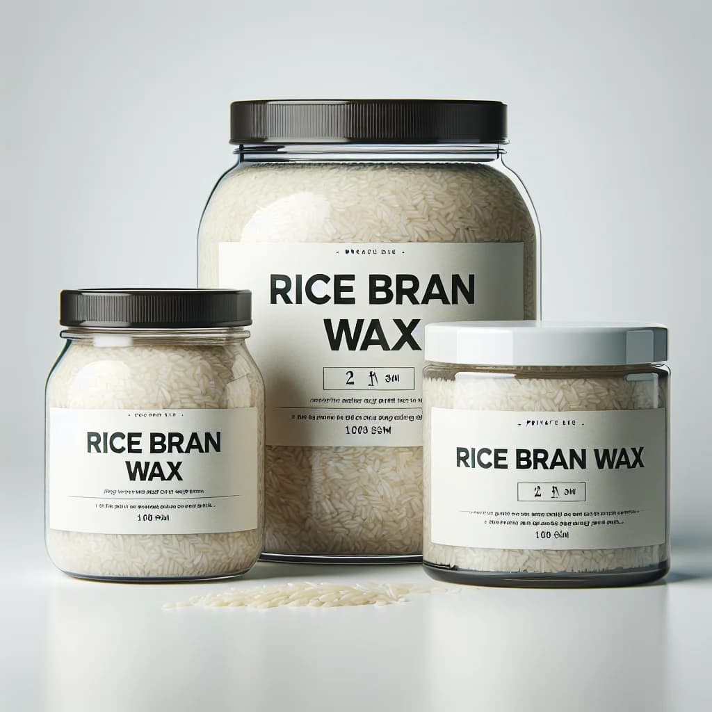 various types of rice bran wax in packaging for wholesale and bulk purchasing on a clean minimalist background