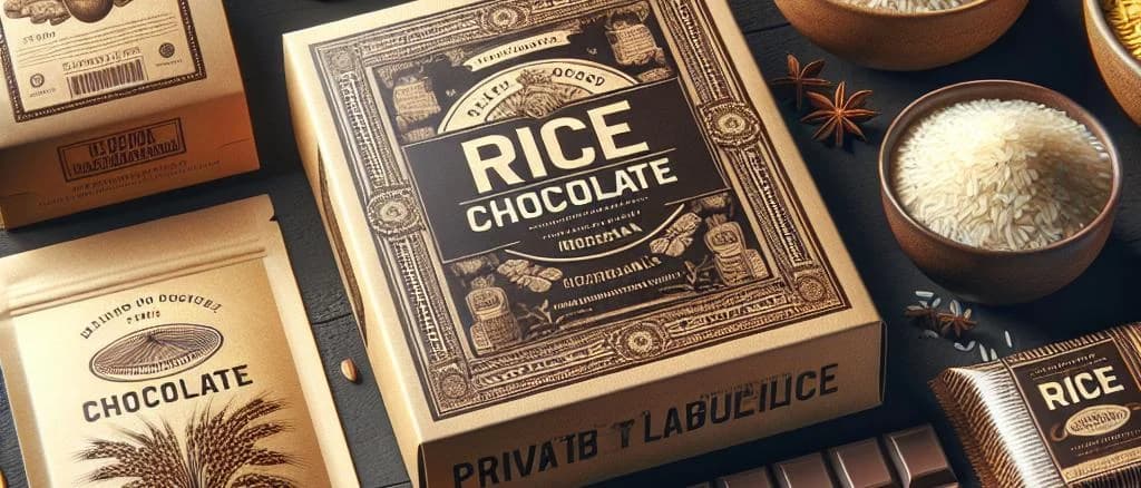 Assorted rice chocolate bars in stylish packaging on a marble background