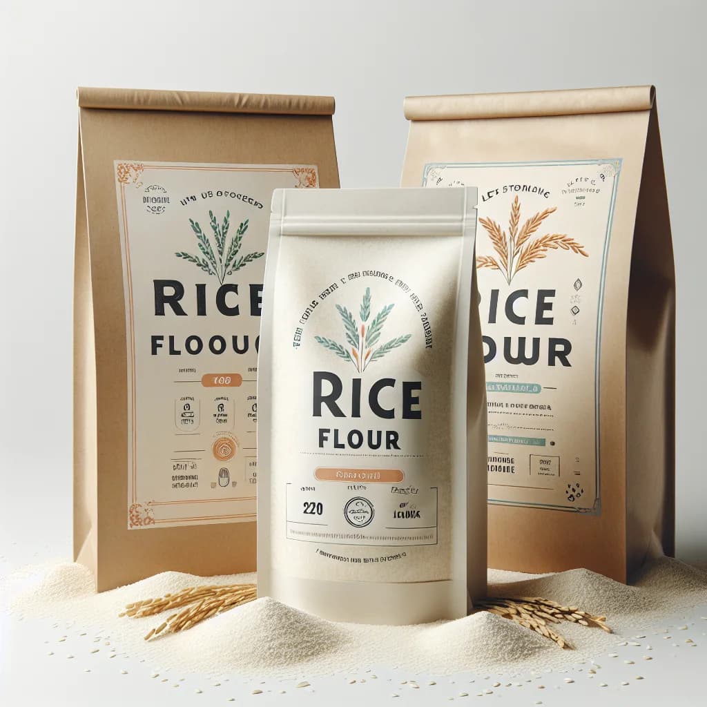 premium rice flour packaging with different variations on a clean white background