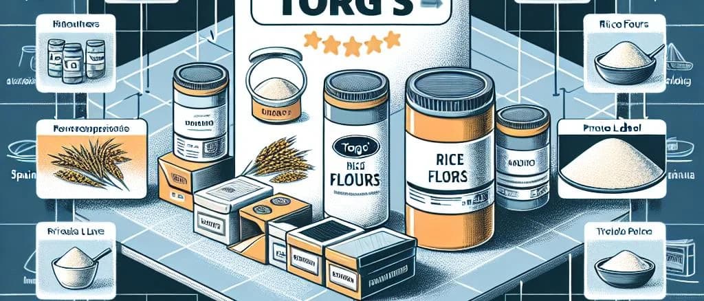 Variety of rice flour packaging and textures on wooden background