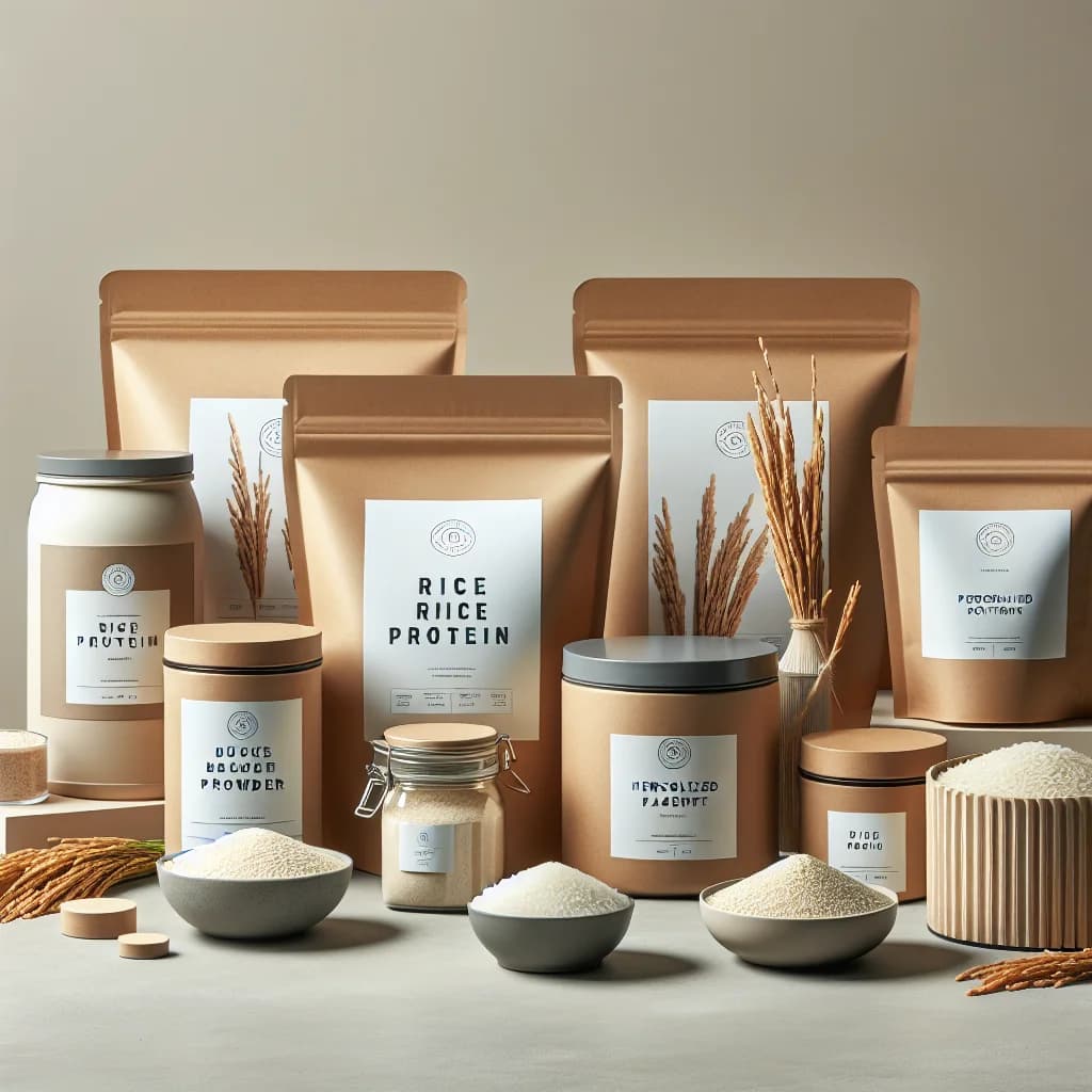 assorted rice protein packaging in bulk and private label variations with natural, clean-label design on a minimalist background