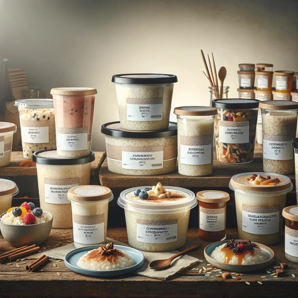 assorted rice pudding variations in elegant packaging on a wooden countertop