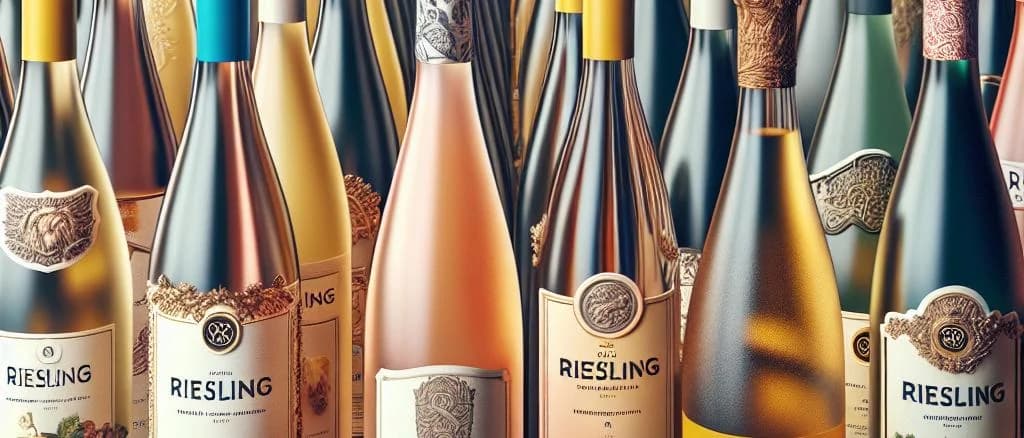 three variations of Riesling wine bottles on a rustic wooden table