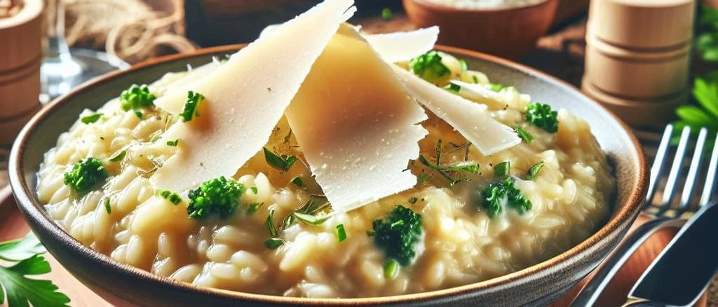 Three varieties of packaged gourmet risotto with different flavors, showcasing elegant and modern packaging designs against a stylish kitchen background.