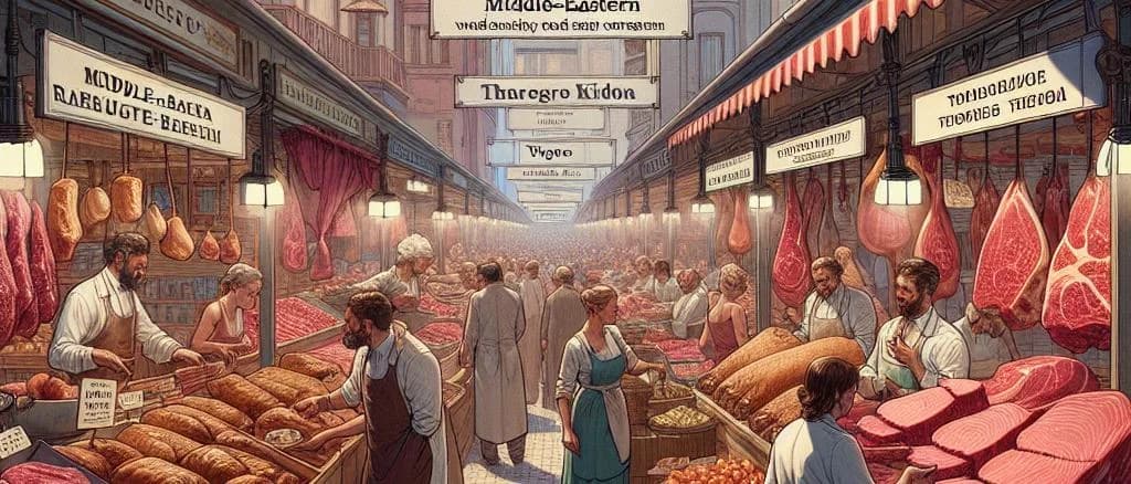 Assorted variations of roast beef packaging on a wooden table background