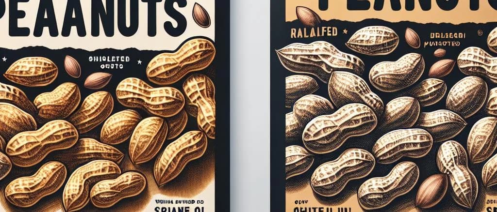roasted peanuts displayed in various packaging on a wooden background