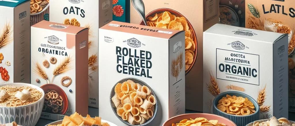 assorted rolled flakes variations on a wooden table, showcasing rolled oat, wheat, and barley flakes in unique packaging with natural, earthy tones and a rustic background