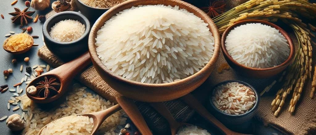 Various Roma rice products in different packaging options on a wooden kitchen surface