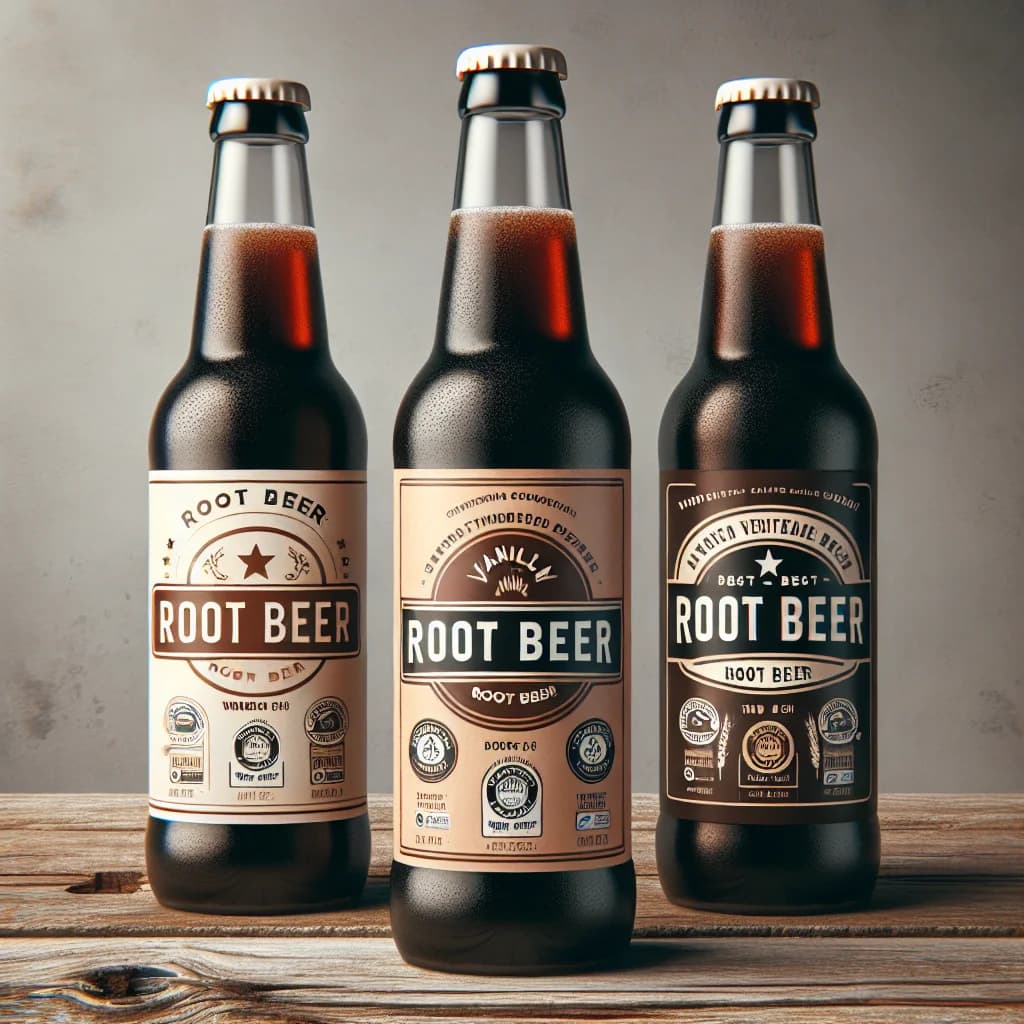 root beer bottles with varying flavors on a wooden background