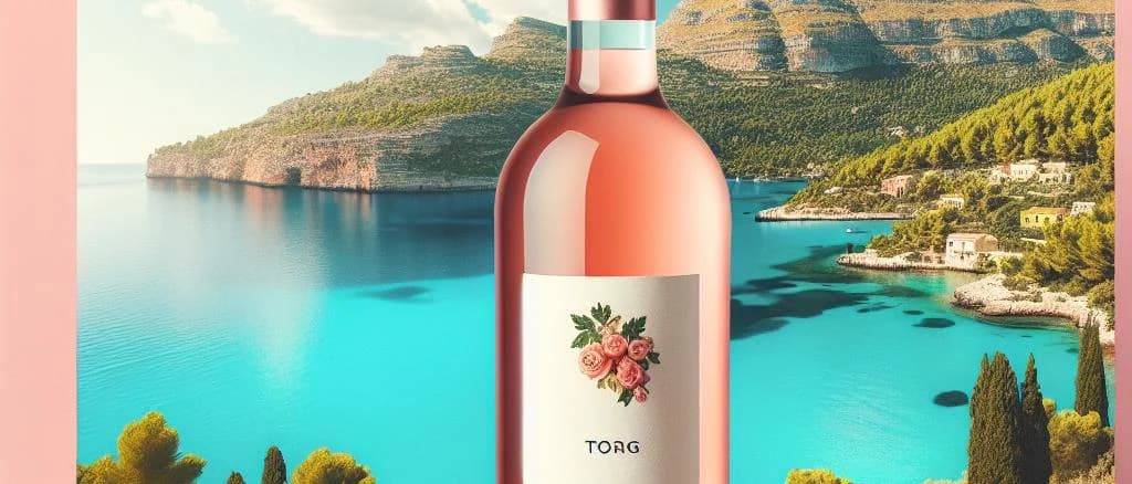 Rosé wine bottles in various packaging on a vineyard background