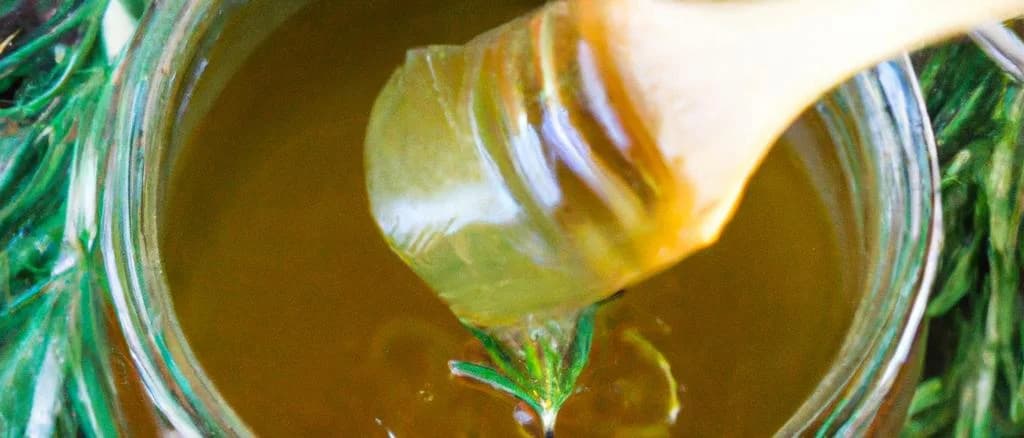 Assorted rosemary honey jars with different packaging on a rustic table
