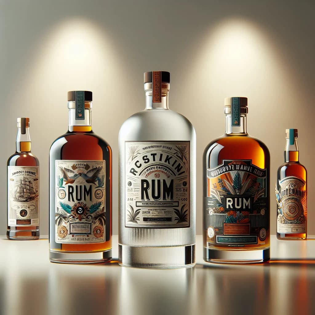 assorted rum bottles with different packaging and labels on a neutral background