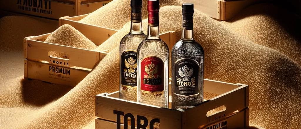 Assorted Russian vodka bottles with diverse packaging on a rustic wooden background