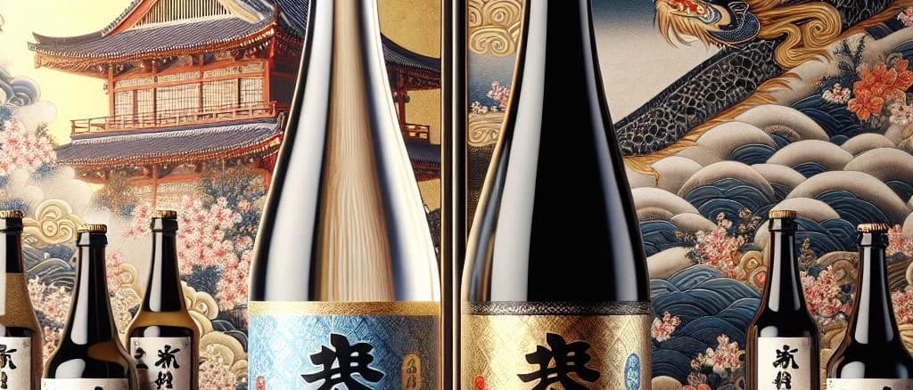 Assorted premium sake bottles on a wooden table, showcasing various packaging styles under soft lighting