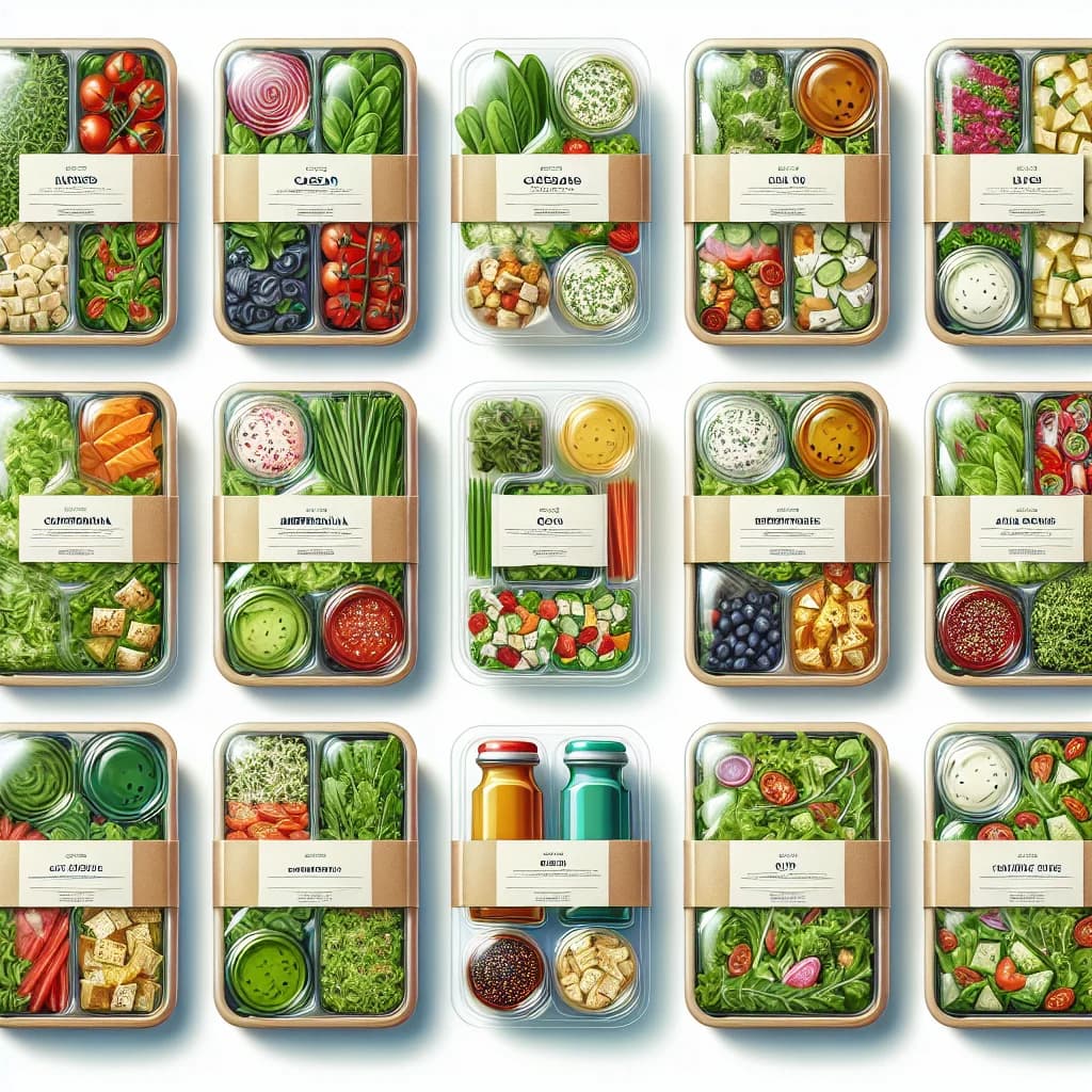 assorted salad kits with vibrant packaging on a white background
