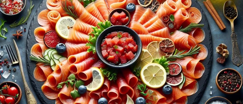 premium salmon carpaccio with diverse presentations on wooden board