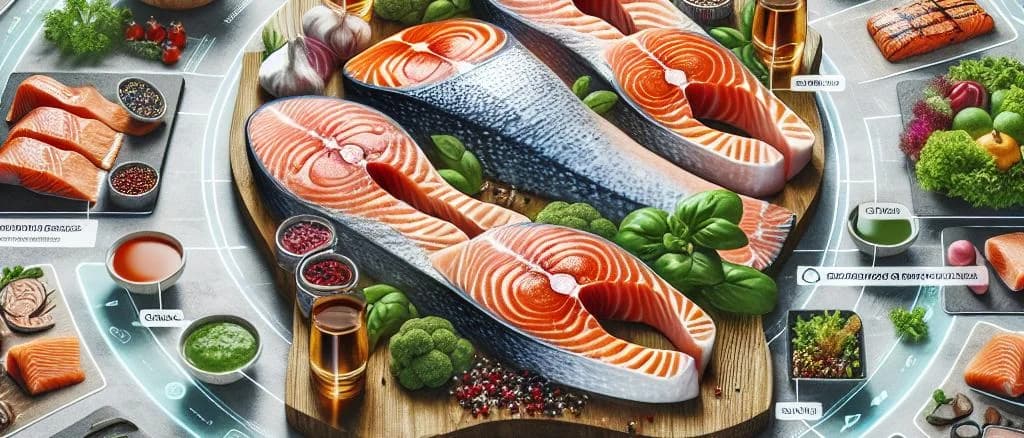 Assorted salmon steaks with various packaging and backgrounds