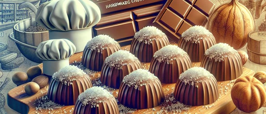 salted chocolates assortment on rustic wooden background, including dark, milk, and white chocolate variations with sea salt flakes