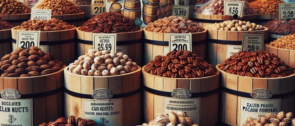 Various salted pecan nut packages on wooden table