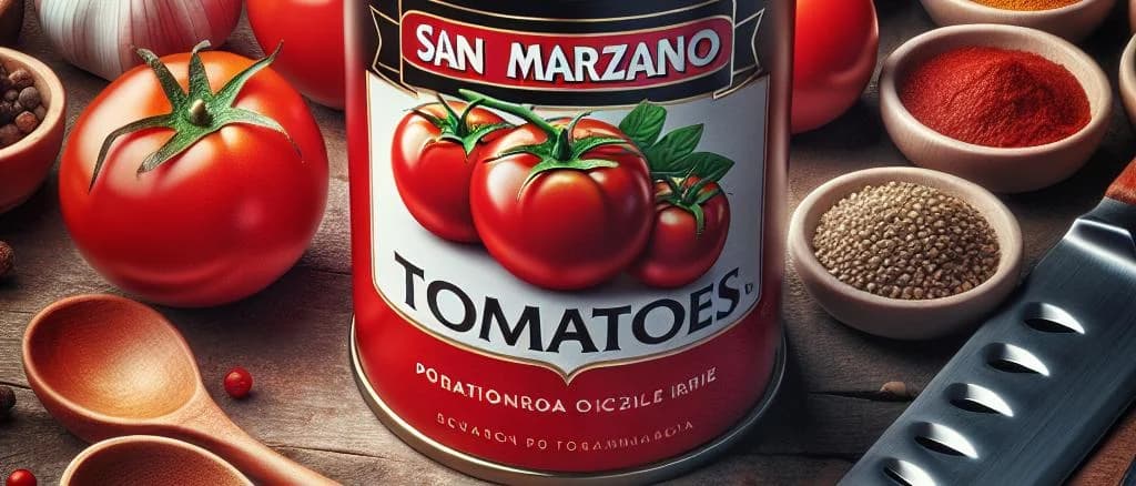 San Marzano tomatoes in various packaging on a rustic kitchen counter