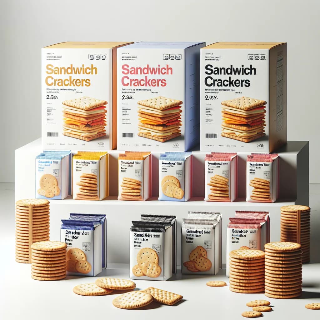 assorted sandwich crackers with different fillings in colorful packaging on a clean white background