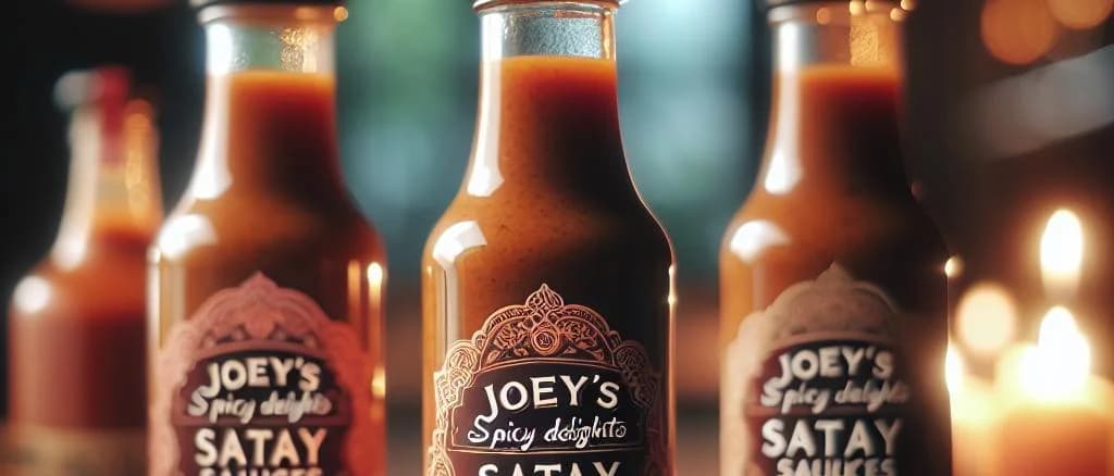 assortment of satay sauce bottles with varying packaging designs, displayed on a wooden background