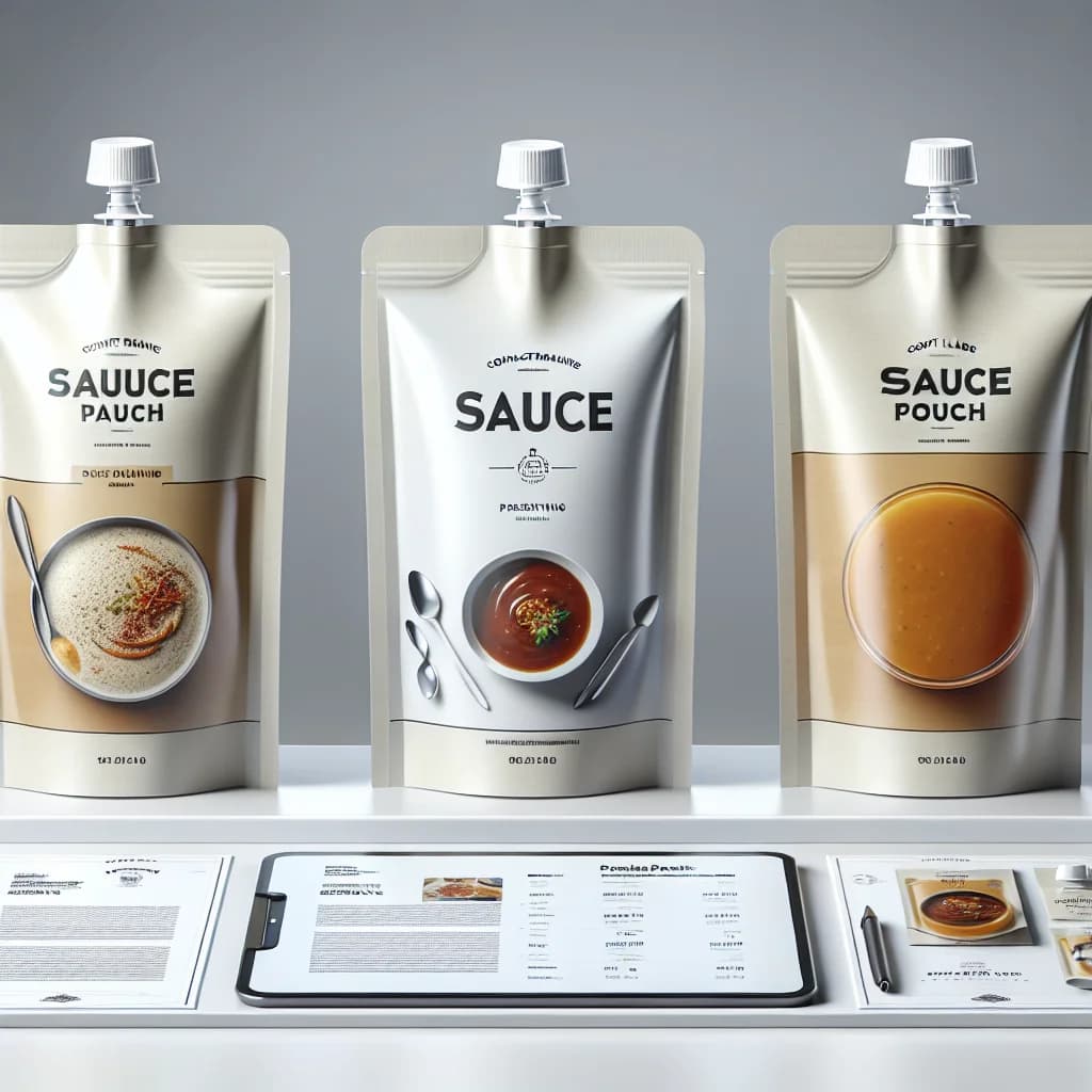 sauce pouch packaging in multiple variations including spouted and flat, suitable for wholesale, private label, and bulk sourcing