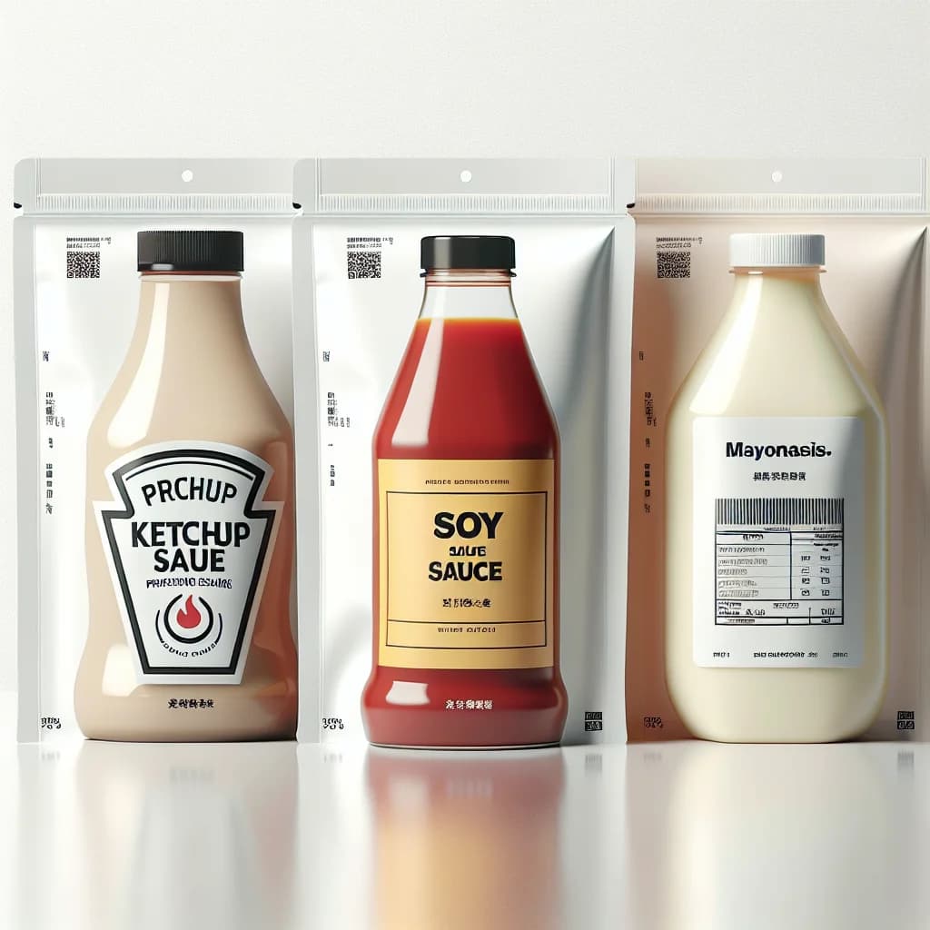 various sauce sachets in branded and unbranded packaging on a neutral background