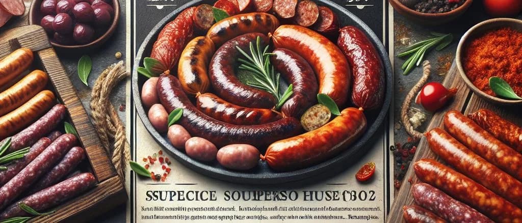 assorted sausage varieties on wooden platter for B2B sourcing