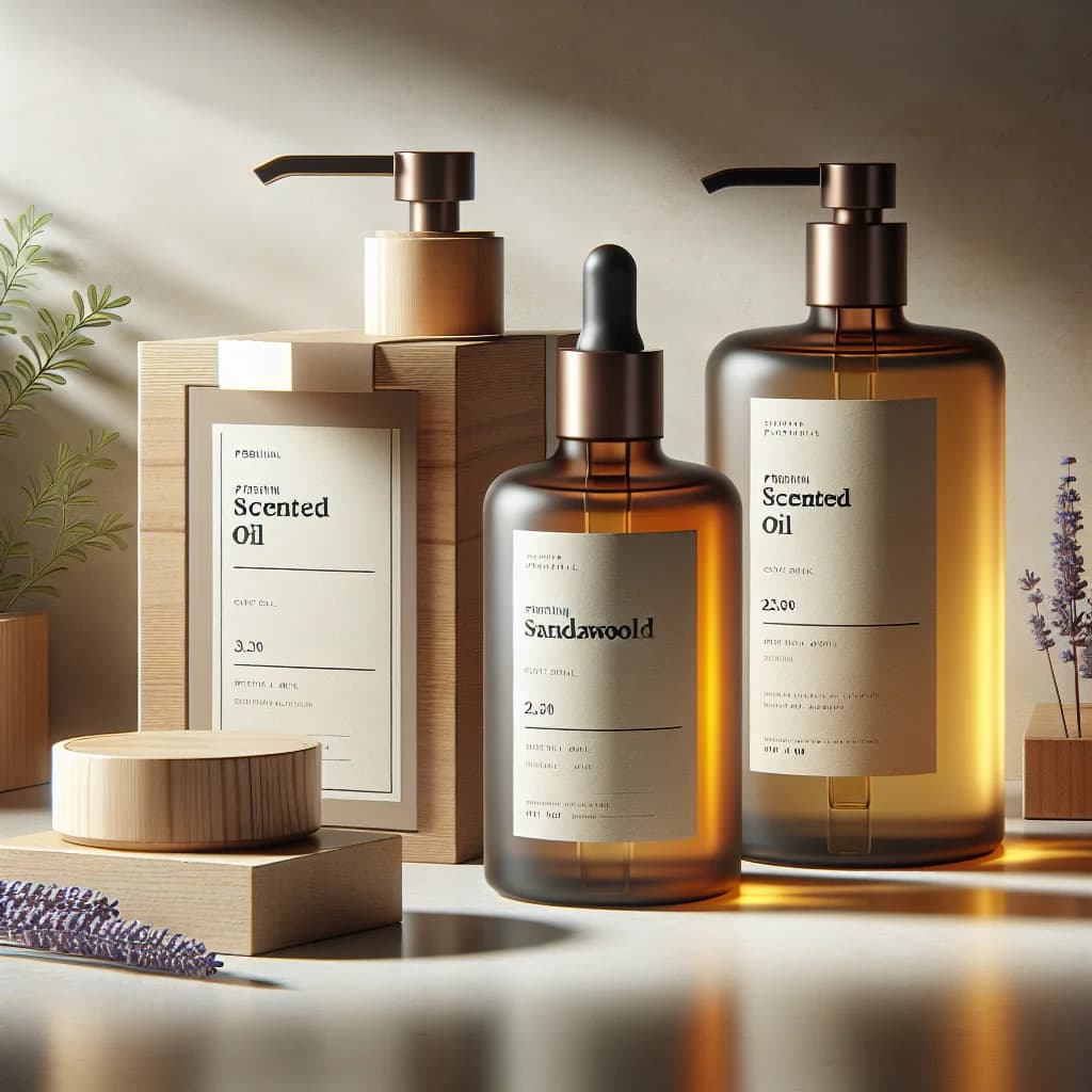 premium scented oil bottles in different variations with sleek packaging on a minimalist display