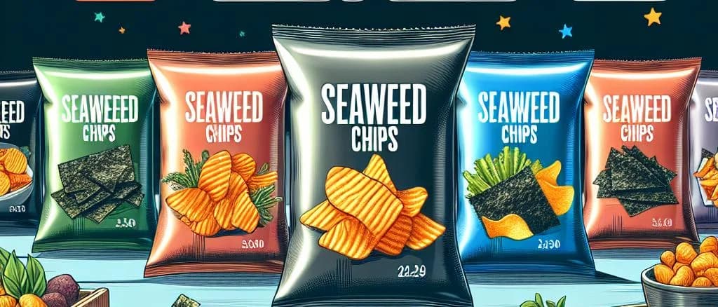 Various seaweed chip packages against a beach-themed background