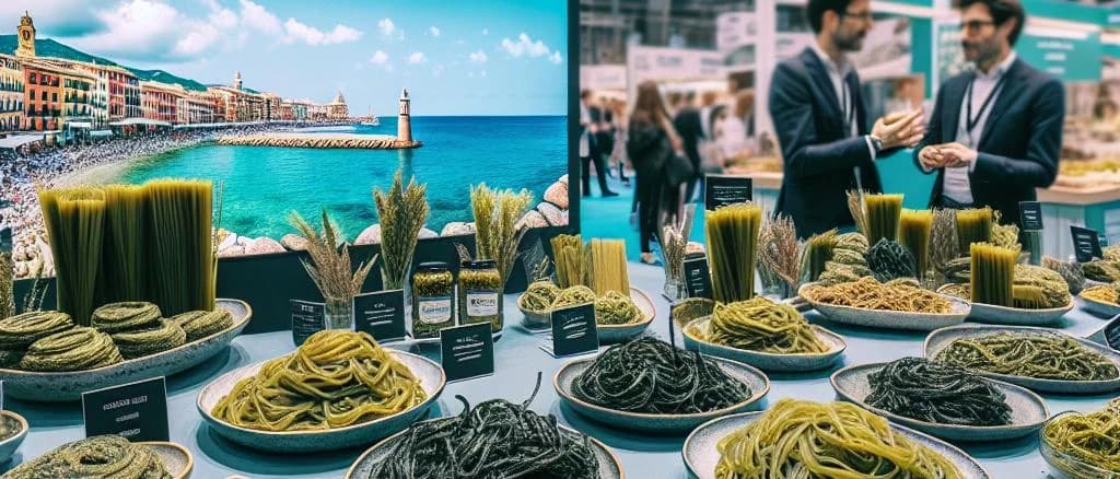 Assorted seaweed pasta varieties displayed on colorful backgrounds