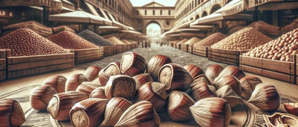 Shelled hazelnuts in various packaging options on a natural wooden background