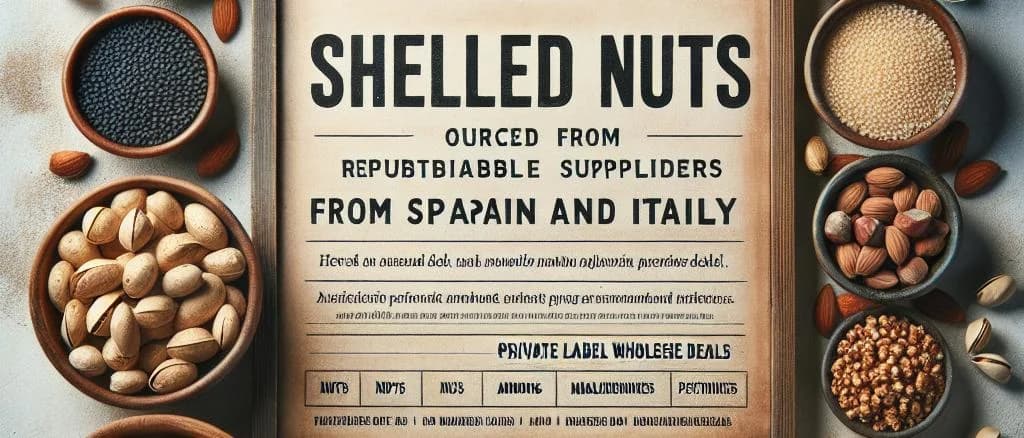 Various shelled nuts with packaging options on a rustic background