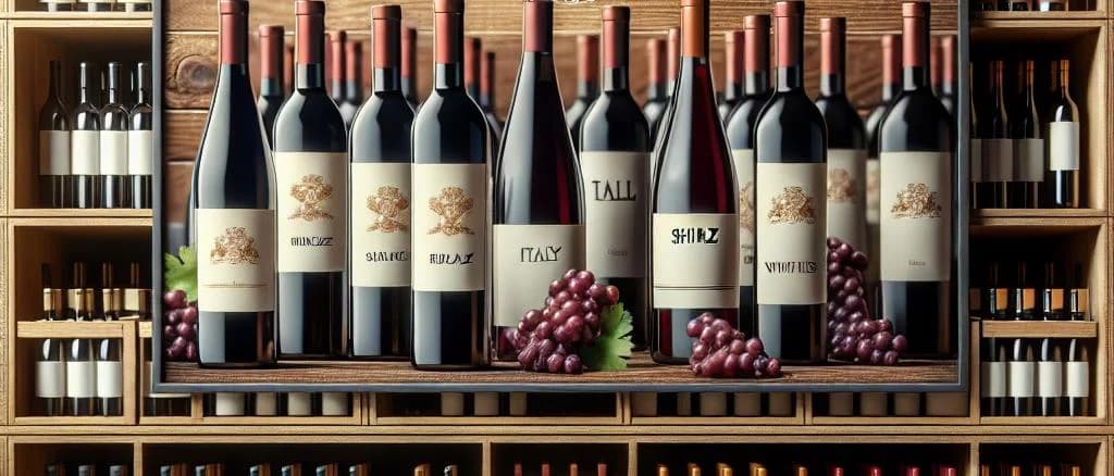 Assorted Shiraz wine bottles on a rustic wooden table, showcasing variety in bottle shapes and labels