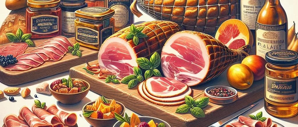 Assortment of sliced ham products on various wooden boards with vacuum-sealed packaging in the background
