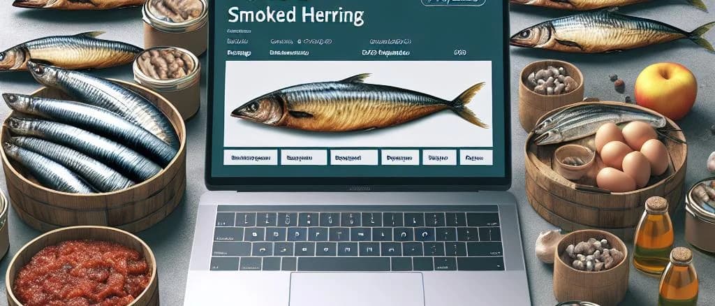 smoked herrings in various packaging with a coastal background