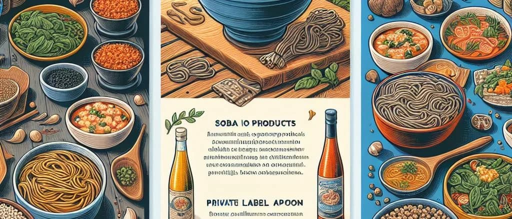 Assorted soba noodle dishes with different packaging options on a wooden table