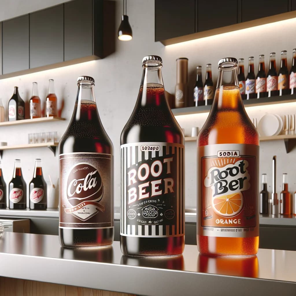 variety of soda syrup bottles with colorful labels on a minimalistic background