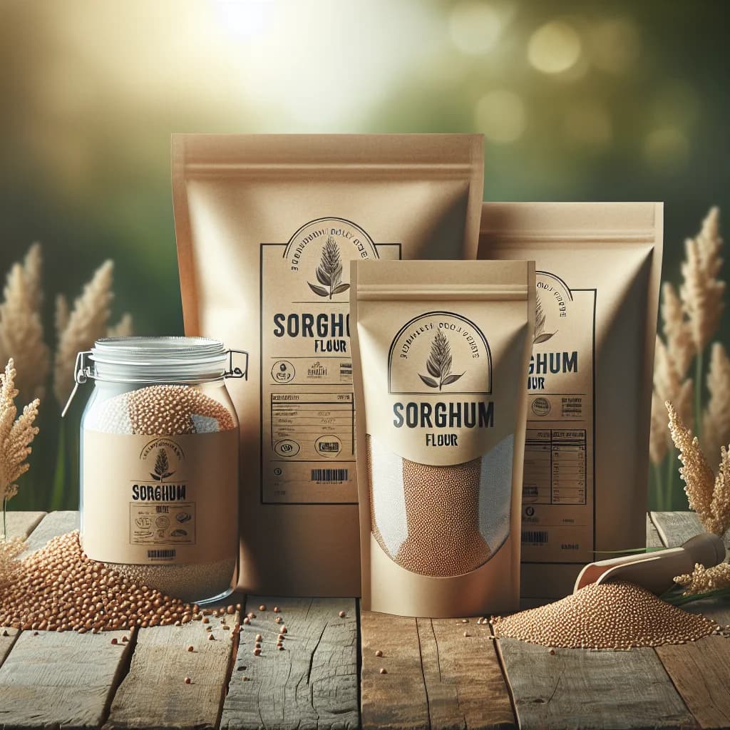 varieties of sorghum flour packaging with natural backgrounds