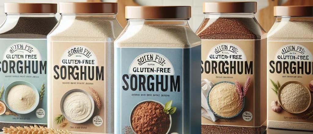 varieties of sorghum flour in different packaging with rustic wooden background