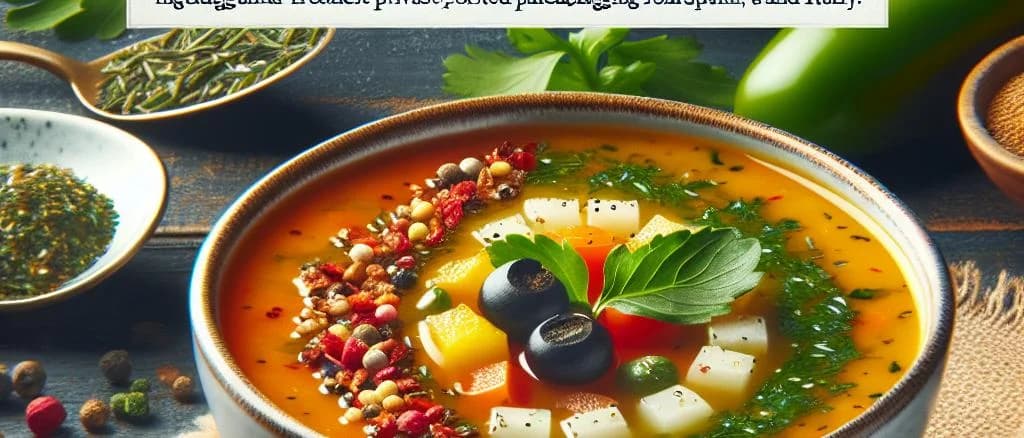 Assorted soup garnishes with a variety of textures and colors on a rustic wooden background