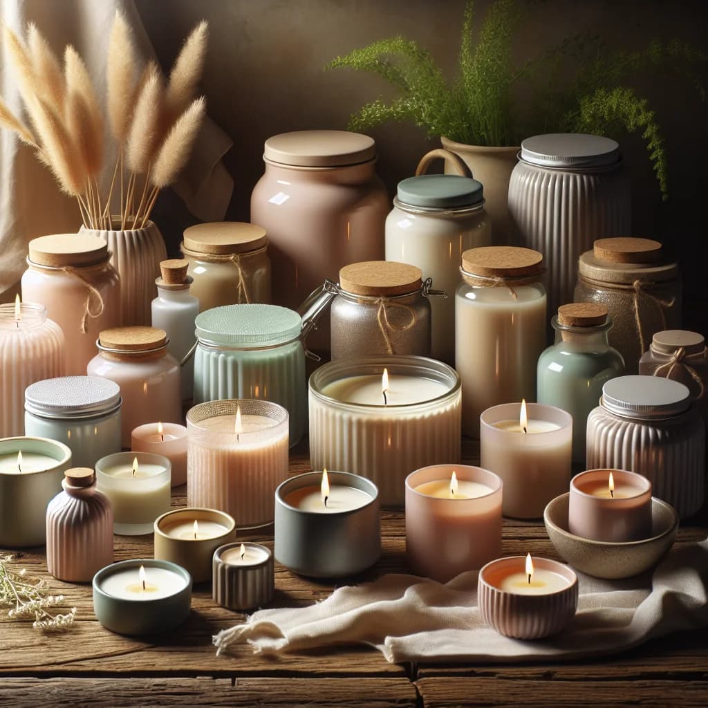variety of soy candles in eco-friendly packaging on a rustic wooden background