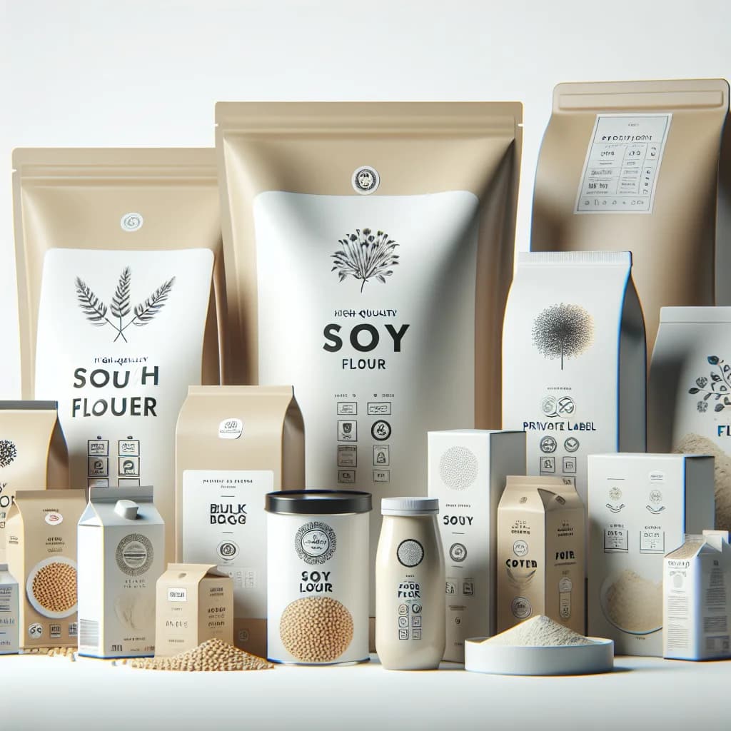 Soy flour packaging variations on a clean white background with clear labeling for bulk and private label wholesale options