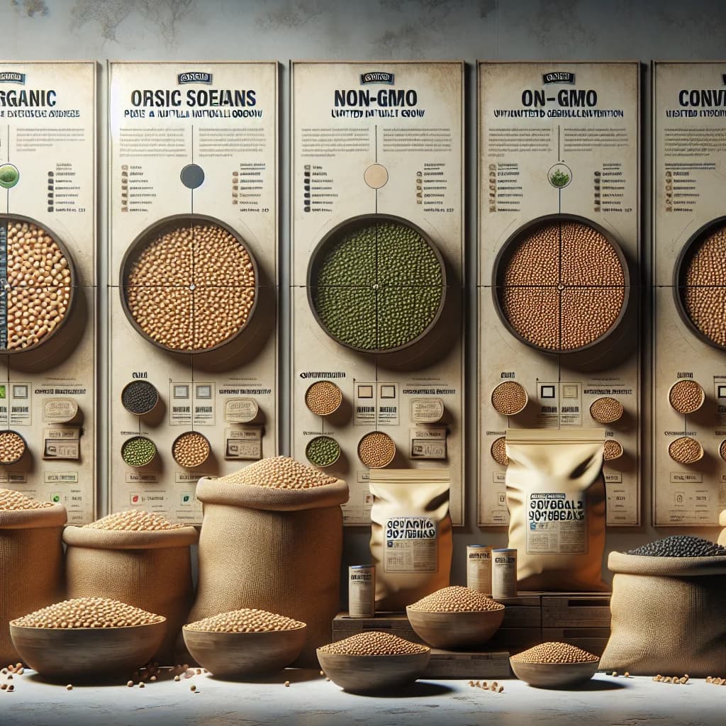 high-quality soybean varieties in bulk packaging with natural background