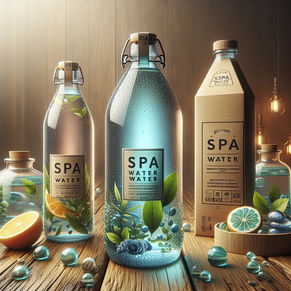 assorted spa water bottles in sustainable packaging on a natural wood backdrop