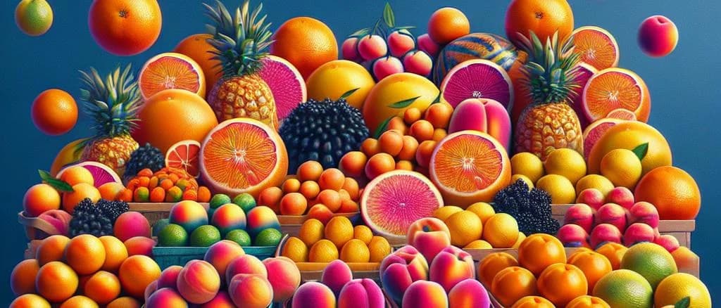 Spanish fruits like oranges, lemons, and pomegranates against a vibrant background