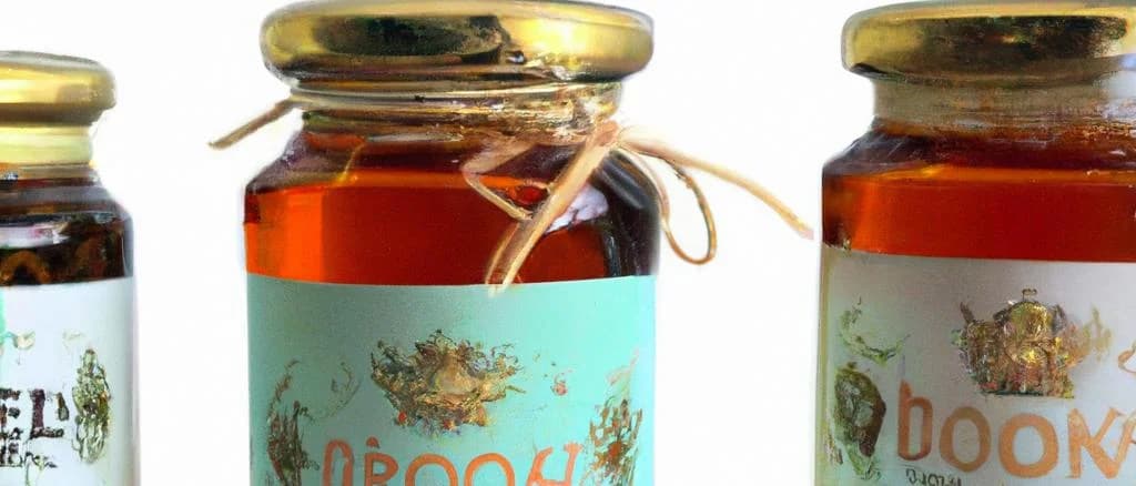 Spanish honey jars with various organic certifications and labels, set against a rustic wooden background