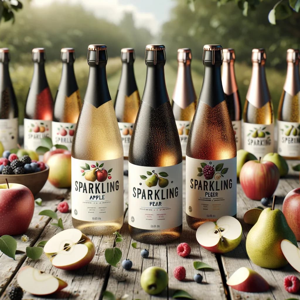 sparkling cider bottles in various flavors on a rustic wooden table