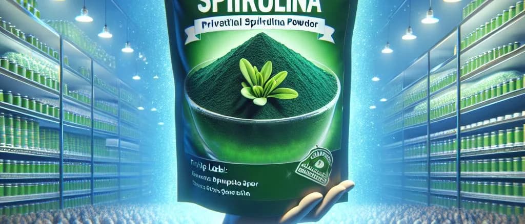 Various spirulina products in different packaging on a clean white background